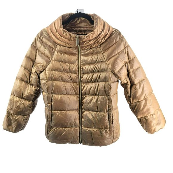 Sam Edelman Womens Gold Puffer Down Jacket Coat Size Large Medium - Picture 2 of 10